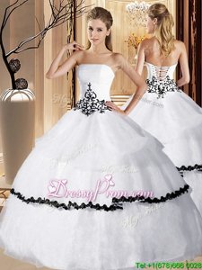 Strapless Sleeveless Quinceanera Gown Floor Length Appliques and Ruffled Layers White Organza