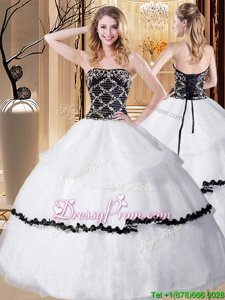 Extravagant Ball Gowns 15th Birthday Dress White And Black Strapless Organza Sleeveless Floor Length Lace Up