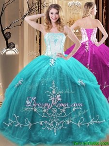 Romantic Aqua Blue Sleeveless Tulle Lace Up Quinceanera Gowns forMilitary Ball and Sweet 16 and Quinceanera