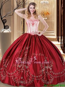 Stunning Wine Red Strapless Lace Up Embroidery Sweet 16 Dresses Sleeveless