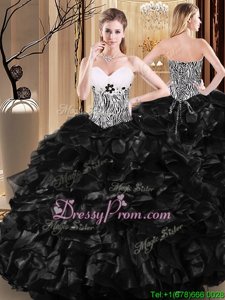 Modern Black Tulle Lace Up Sweetheart Sleeveless Floor Length Sweet 16 Dresses Ruffles and Pattern